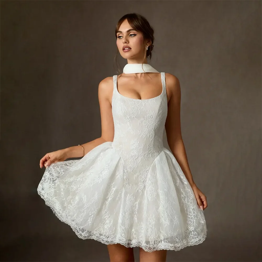 Customized Charming Mini A-Line Short Wedding Dress Sleeveless Lace Gown with Square Collar Ruffle Details Fit Bridal Dress