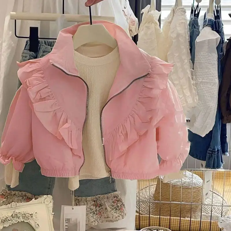 Kids Boutique Clothing Baby Girls Coat 2023 New Autumn Solid Color Korean Fashion Zipper Standing Collar Lace Pleated All-match