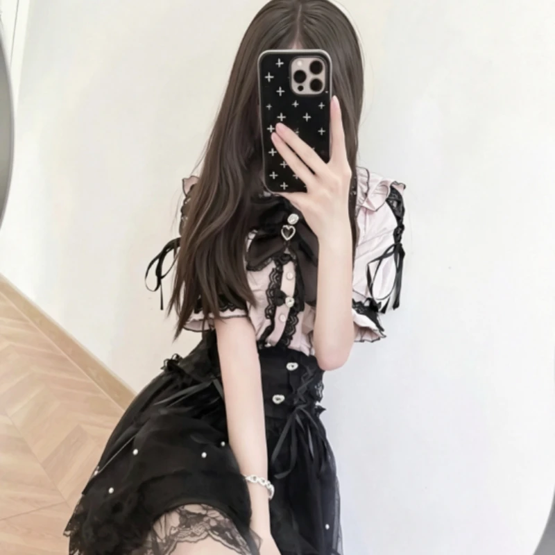 Lolita Sets Subculture Japanese Style Mass-produced Two-piece Sets Sweet Bow Short Sleeve Shirt with Short Skirt Suit for Women