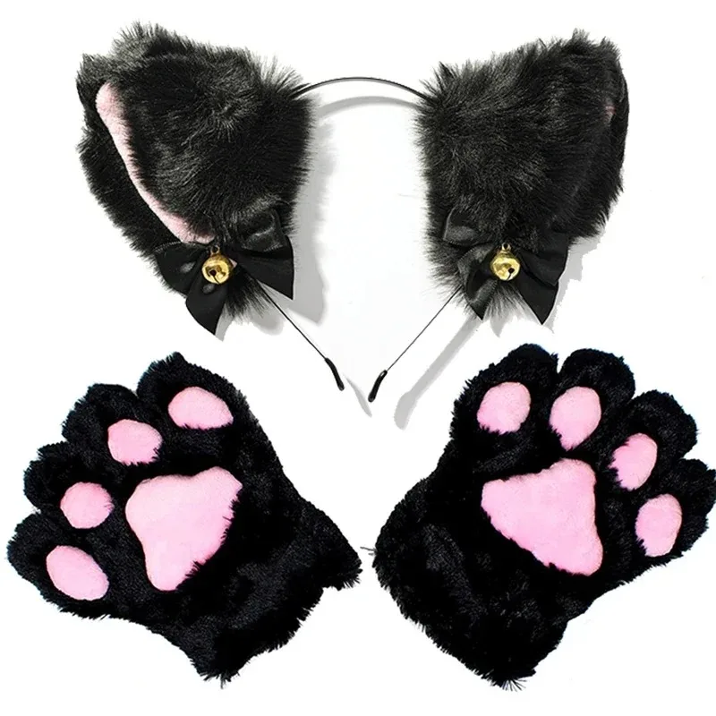 1 Set Cute Cat Ear Hair Wear Claw Gloves Girls Anime Cosplay Costume Plush Bell Cat Fur Ear Hairband Night Party Club Headbands