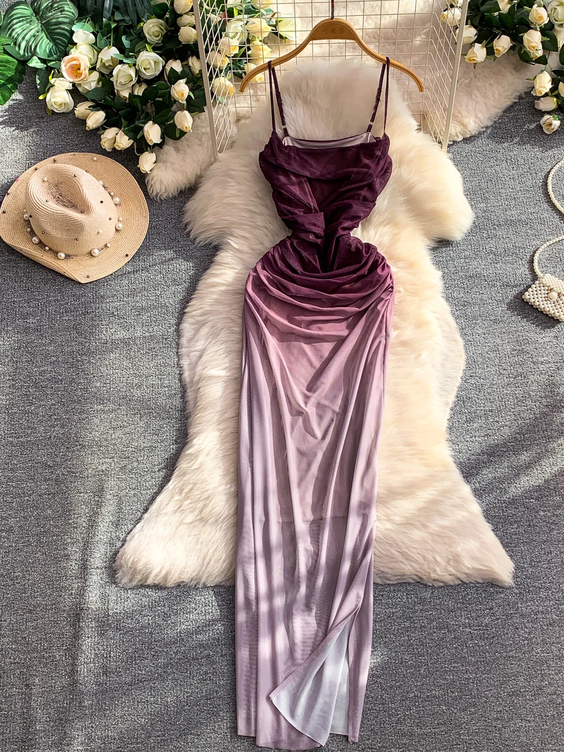 Elegant Sexy Strapless Long Dress Women's Summer Gradient Mesh Slimming Split Skirt City Commuting Style No Brand A-Line Dress