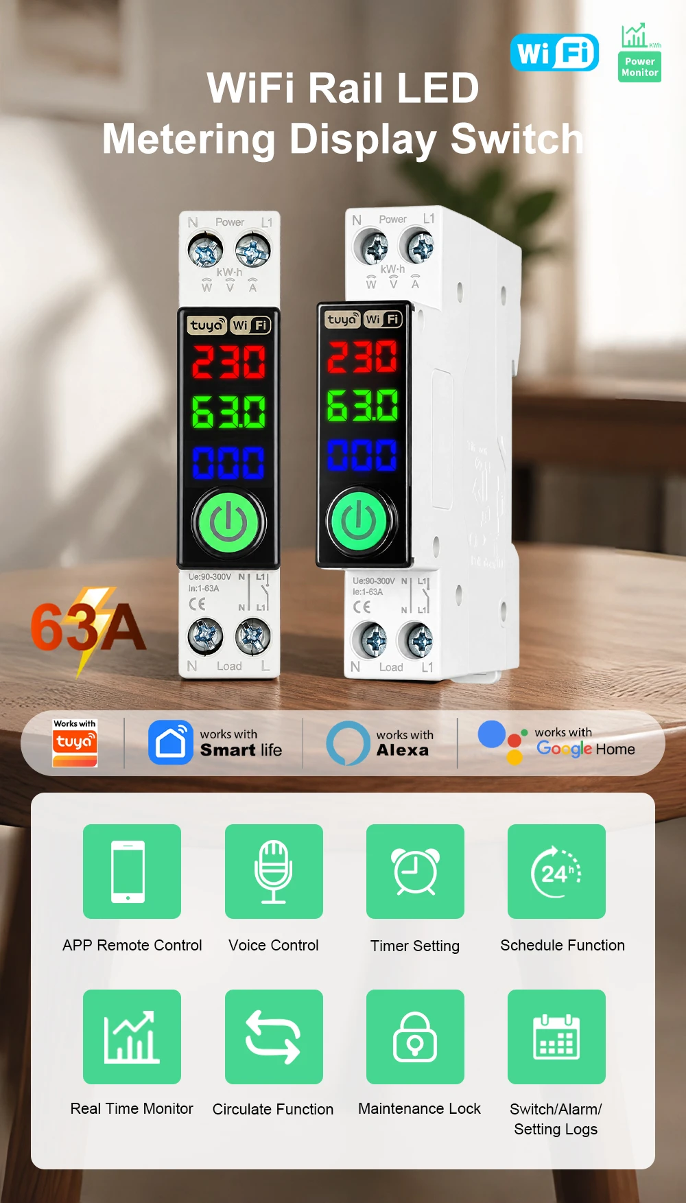 MANHOT WLAN-Smart-Leistungsschalter 1P+N 63A DIN-Schienen-Schalter mit LED-Messanzeige Smart Breaker Sprachsteuerung für Tuya Alexa – Detail 1