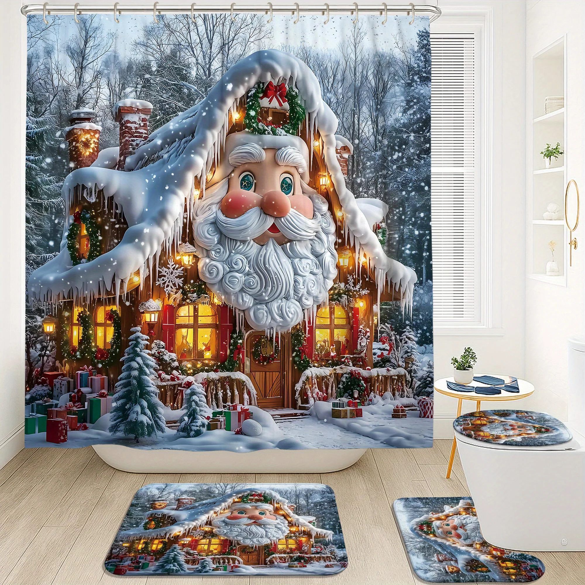 4Pcs Christmas Santa Tree House Shower Curtain Set, White Brown Polyester with 12 Hooks, Non-slip Mat & Toilet Lid Pad,