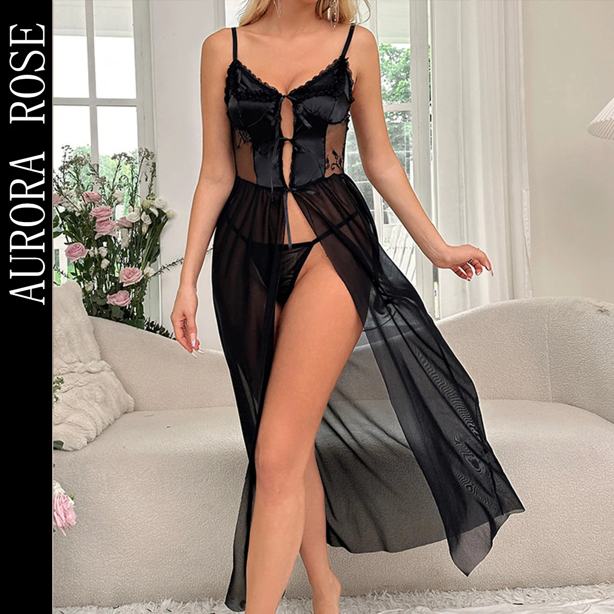 Lingerie sexy pour femmes, vêtements de nuit à col en V, vêtements de nuit ouverts sur le devant, longue chemise de nuit transparente, robe en dentelle pour bébé, vêtements de nuit à enfiler