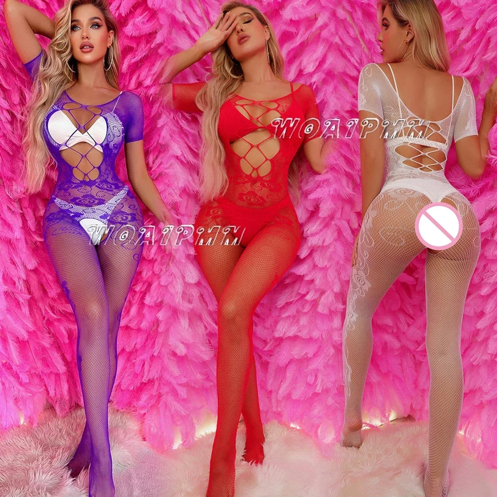 Moda feminina roupa interior sexy fishnet corpo inteiro meia traje senhoras malha erótica perspectiva lingerie apertada roupas macacão