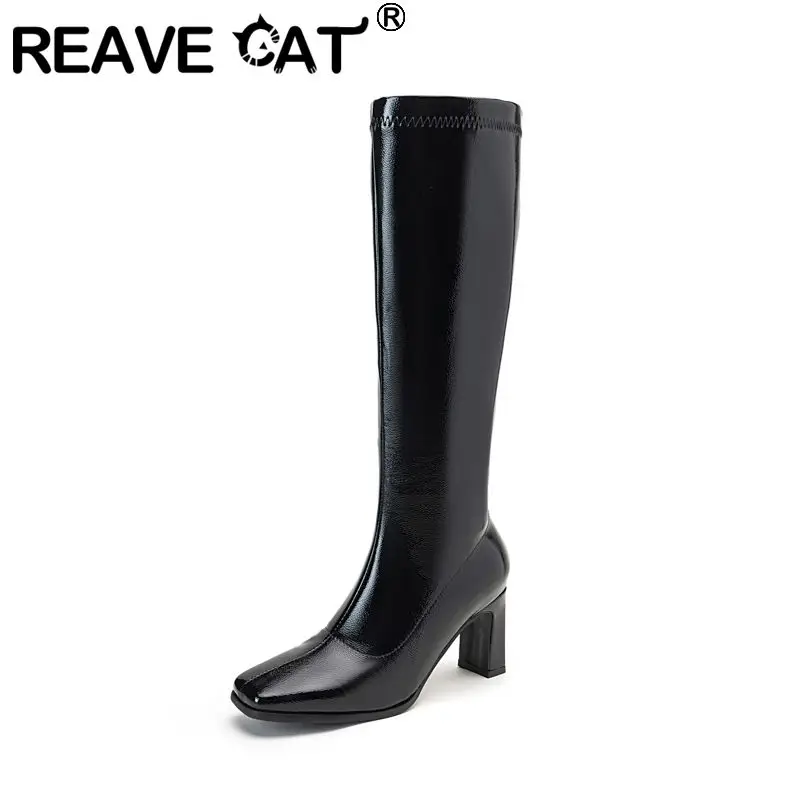 REAVE CAT Black Sexy Female Knee High Boots Square Toe 7.5cm Block Heel Large Size 45 46 47 48 Sexy Dating Party Long Tube Botas