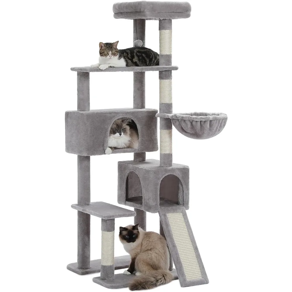 

Cat Tree, Tall Cat Tower with 2 Large Condos, Wide Top Perch, Cozy Hammock and Sisal Scratching Posts for Indoor