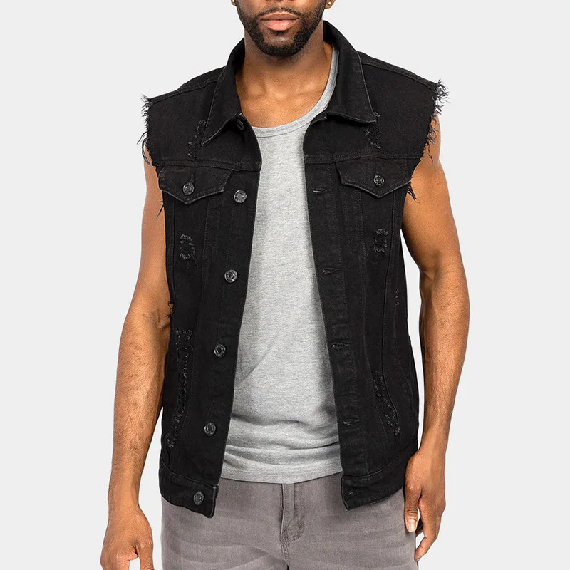 

Men's New Denim Vest Shirtwaori Hole Men's Single-breasted Sleeveless Casual Fake Pockets leather men clothing biker vest