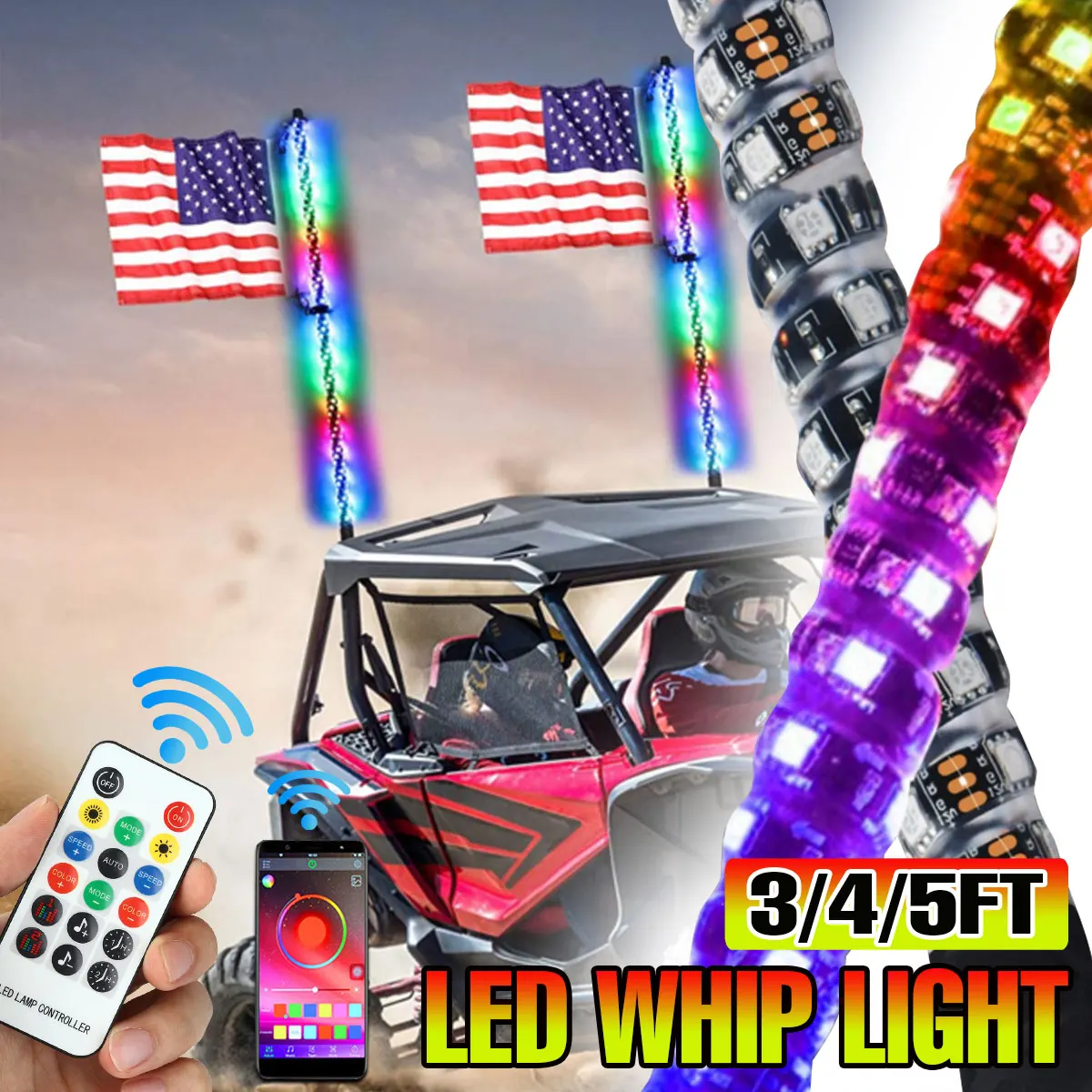 

2X 4FT/5FT LED Whip Light RGB Waterproof Multi-Color Flagpole Lamp Bowlight for Offroad Sand Rails/Buggies SxS ATV/UTV Trucks