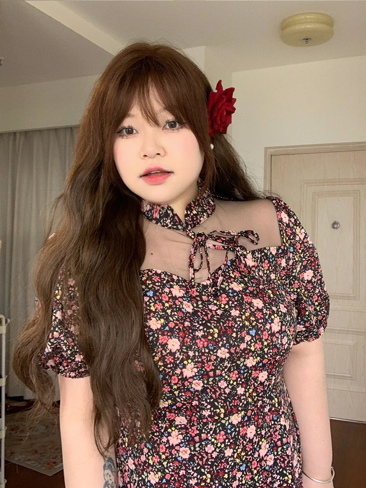 

Spring New Sle Sexy Hollow out Me Soft Candy Floral Print Dr Bubble Sve Women's Faionable Casual ort Sve Dr