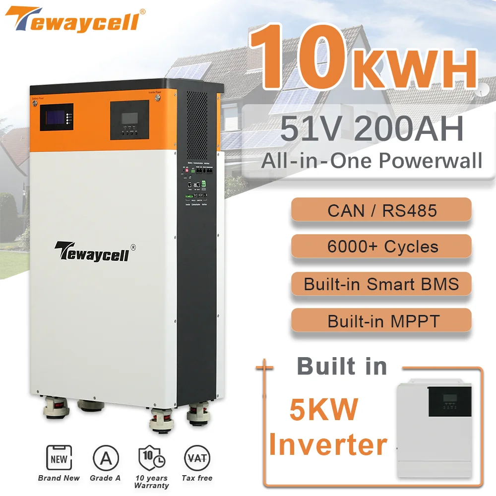 Tewaycell-Paquete de batería LiFePO4, 10KWh, 51V, 200Ah, todo en uno, litio, hierro, fosfato, energía Solar, BMS incorporado, puede RS485 Monitor