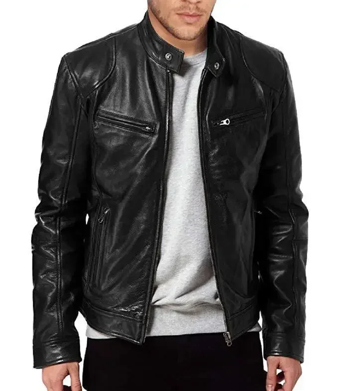 Lederjacke Bomber Motorrad Biker PU-Leder Lässige Loose-Fit Kunstlederjacke für Herren – Detail 5