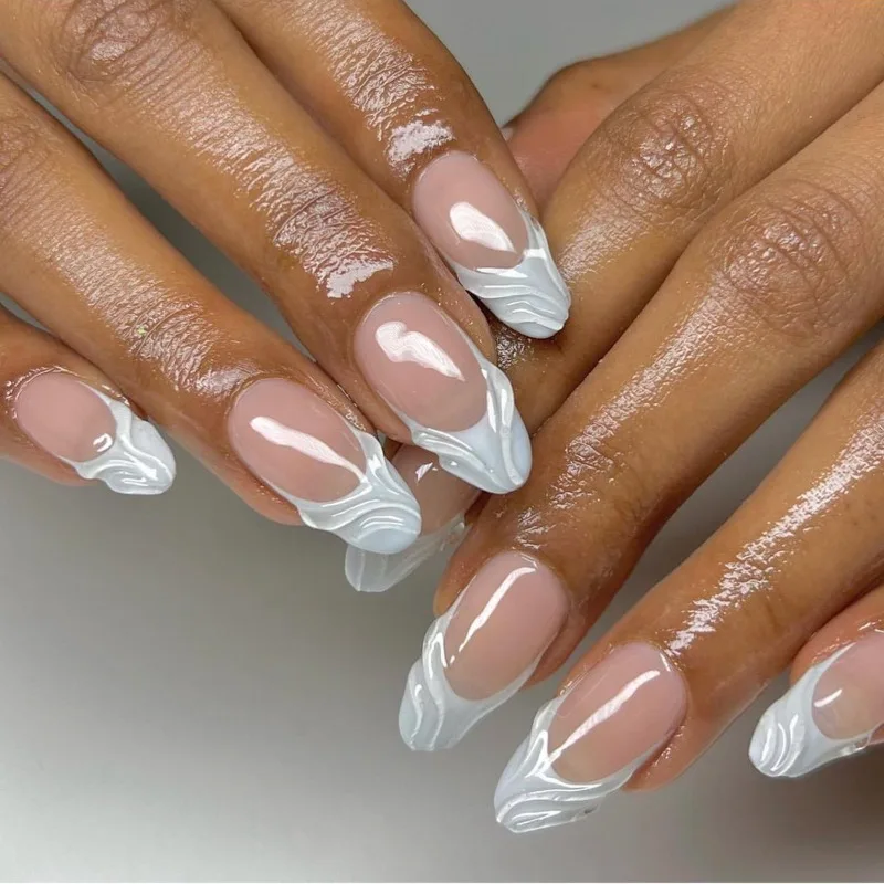 

24 Pcs Reusable Adhesive 3D Decorated False Nails French Light Blue Nails Press on Medium Simple Fake Nails Acrylic Wholesale