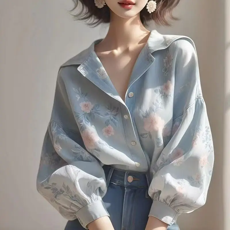 

Beautiful Elegant Shirt Women Summer New Sailor Collar Puff Sleeve Single Breasted Cardigan Temperament Floral Print Sweet Top