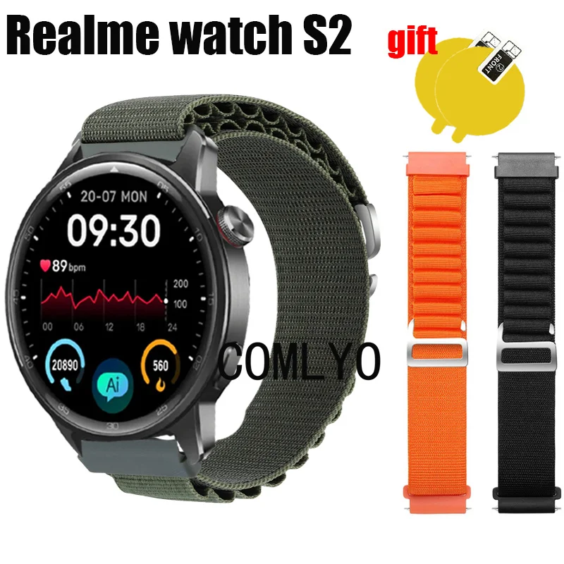 Realme için bant izle S2 kayış naylon ayarlanabilir yumuşak bilezik kadın erkek kemer ekran koruyucu film