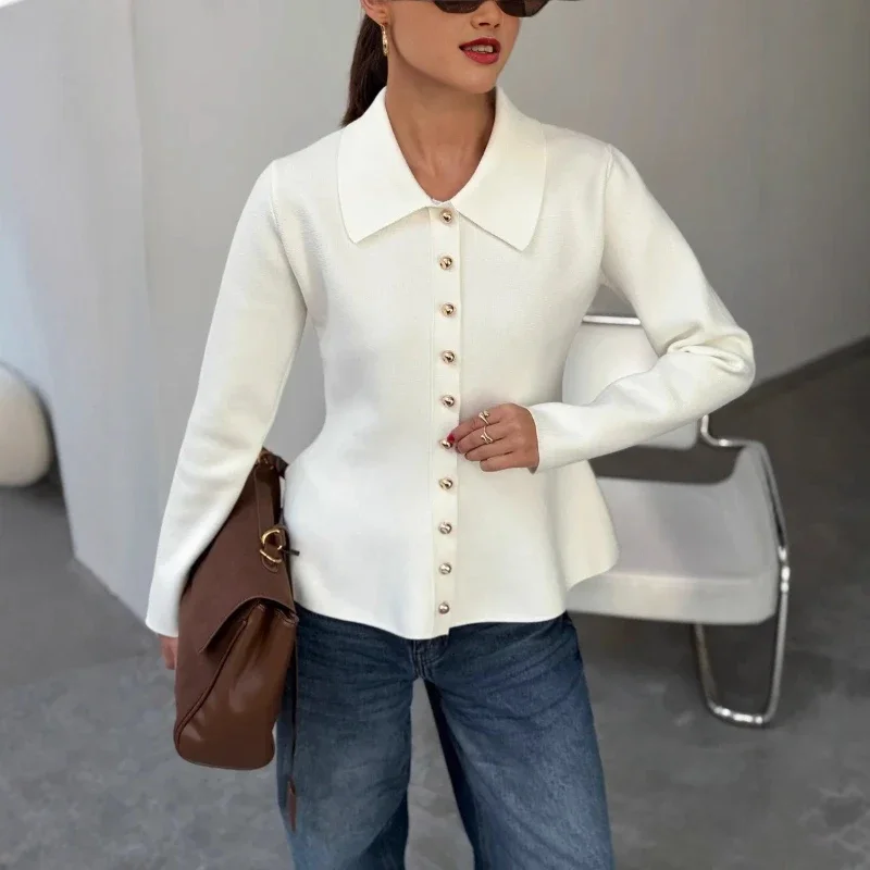 

Lapel Knitting Sweater Women's Fashion A-Line Hem Long Sleeves Single-Breasted Slim Leisure Knit Sweater Coat Female Fall