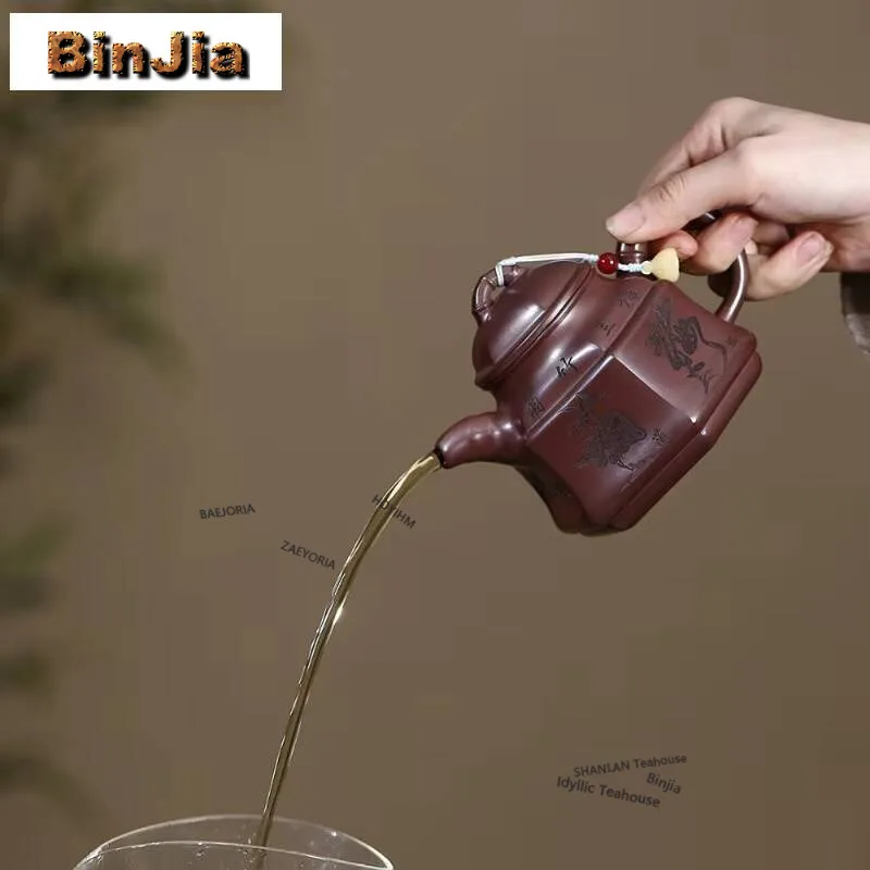 310ml Aesthetic Yixing Purple Clay Teapots Handmade Hexagonal Bamboo Pot Raw Ore Stone Red Mud Kettle Zisha Tea Set Cha Supplies
