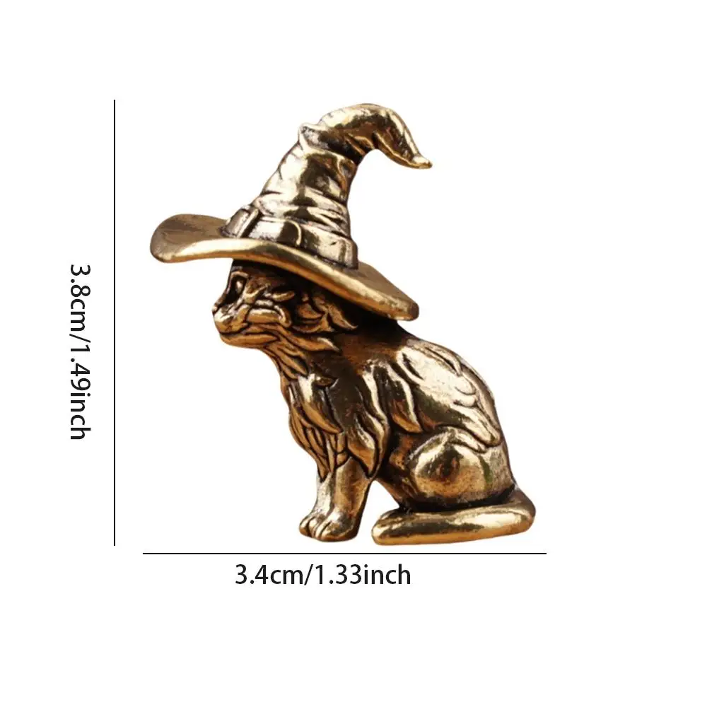 2pcs Vintage Brass Witch Cat Statue, Solid Miniature Cat Sculpture, Decorative Animal Figurine, Antique Copper Tea Pet