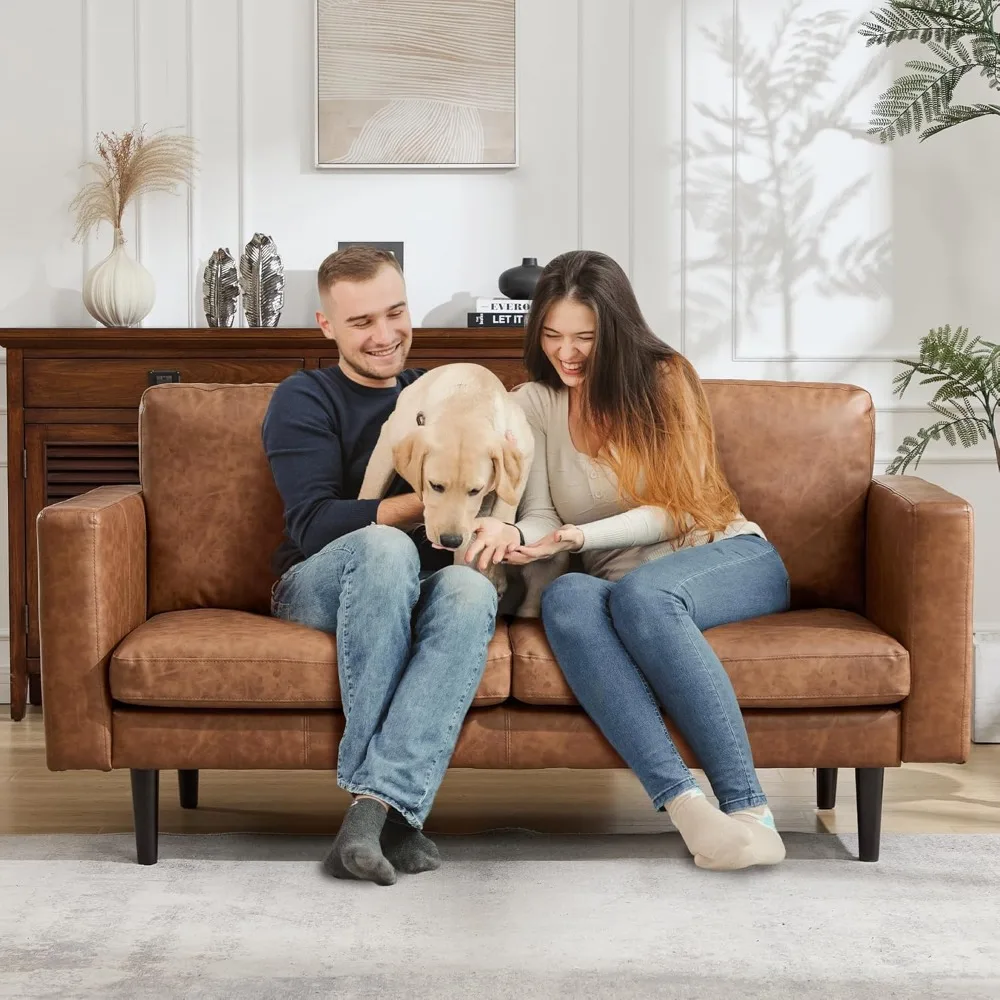 Mid Century Modern Faux Leather Loveseat Sofa with Solid Wooden Frame for Living Room and Bedroom