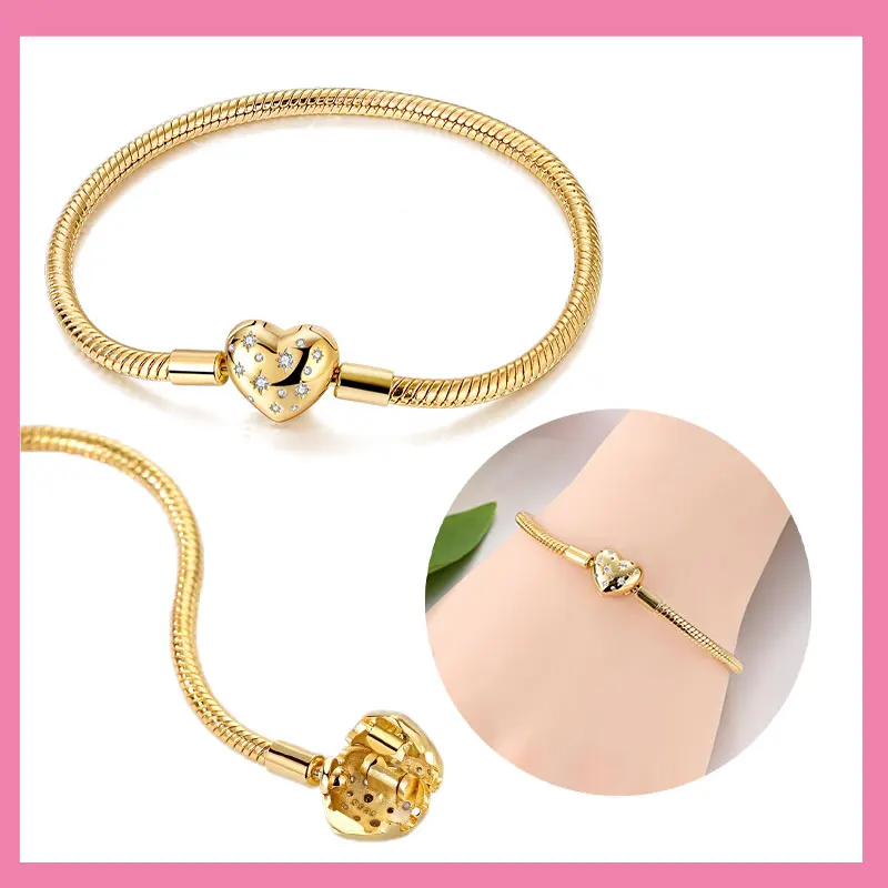 

Hot Sale 925% Silver Original Golden Shining Heart Snake Chain Charming Bracelet Fien Jewelry for Women