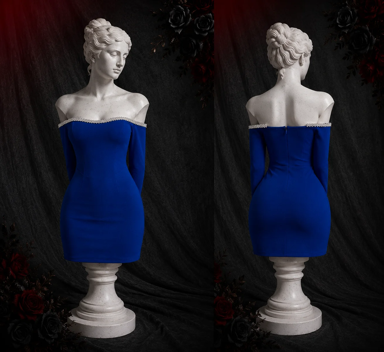 【Fragments.One choice, no more choices.】Vintage Blue Off-Shoulder Backless Pearl Bodycon Dress