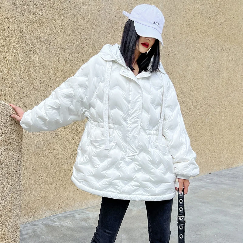 Down Loose Hooded Jacket New Long Sleeve Warm Women Feather Parkas Fashion Tide Autumn Winter 2023