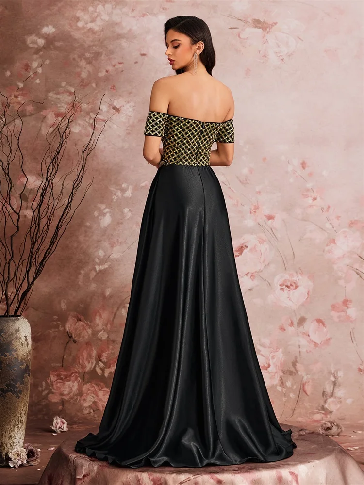 Lucyinlove Elegant Short Sleeve Off-the-shoulder Sequins Splicing Formal Evening Dress Women Sticker Wedding Party Guest Gowns