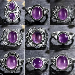 Luxury Vintage Ring Natural Amethyst Rings 925 Sterling Silver Jewelry Wedding Anniversary Party Ring Gifts for Women