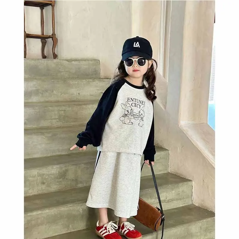 New Girls Cartoon Letter Set Kids Long Sleeve Sweatshirt Solid Color Half Skirt Suit Spring Autumn Baby Casual Fashion 2Pcs 2-8Y