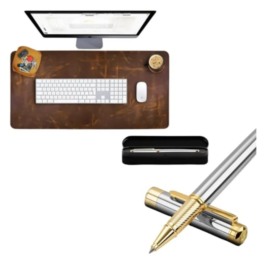 Luxury Rollerball Pen and Real Leather Desk Mat Bundle 24K Gold Trim Executive Pen with Schmidt Ink and Large 32x16 Desk Pad Bl