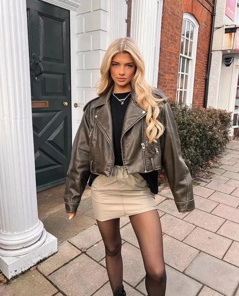 

Women's washed leather jacket with belt, short coat with downgraded zipper and vintage lapel, e jacket