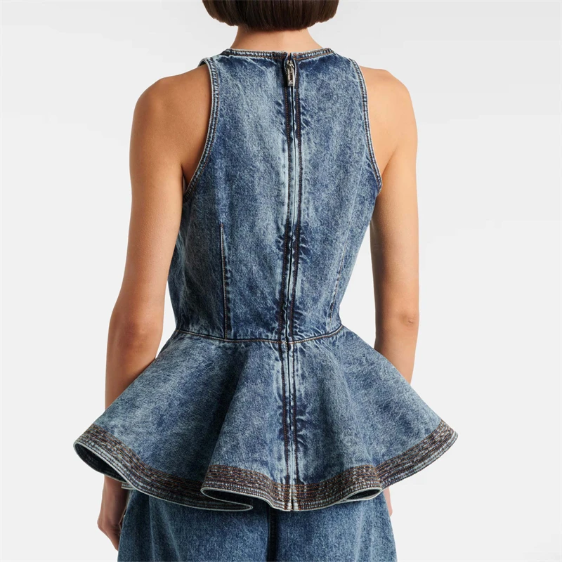 New 2026 Women's round Neck Snowflake Denim Sleeveless Top High-Quality Fashion Casual Pure Cotton Lace Hem Denim Vest