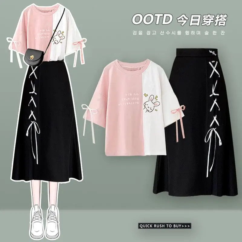 

2025 Summer Female Student Korean Version Loose Splicing Short-sleeved T-shirt + Lace-up Skirt Two-piece Set Women's Suit
