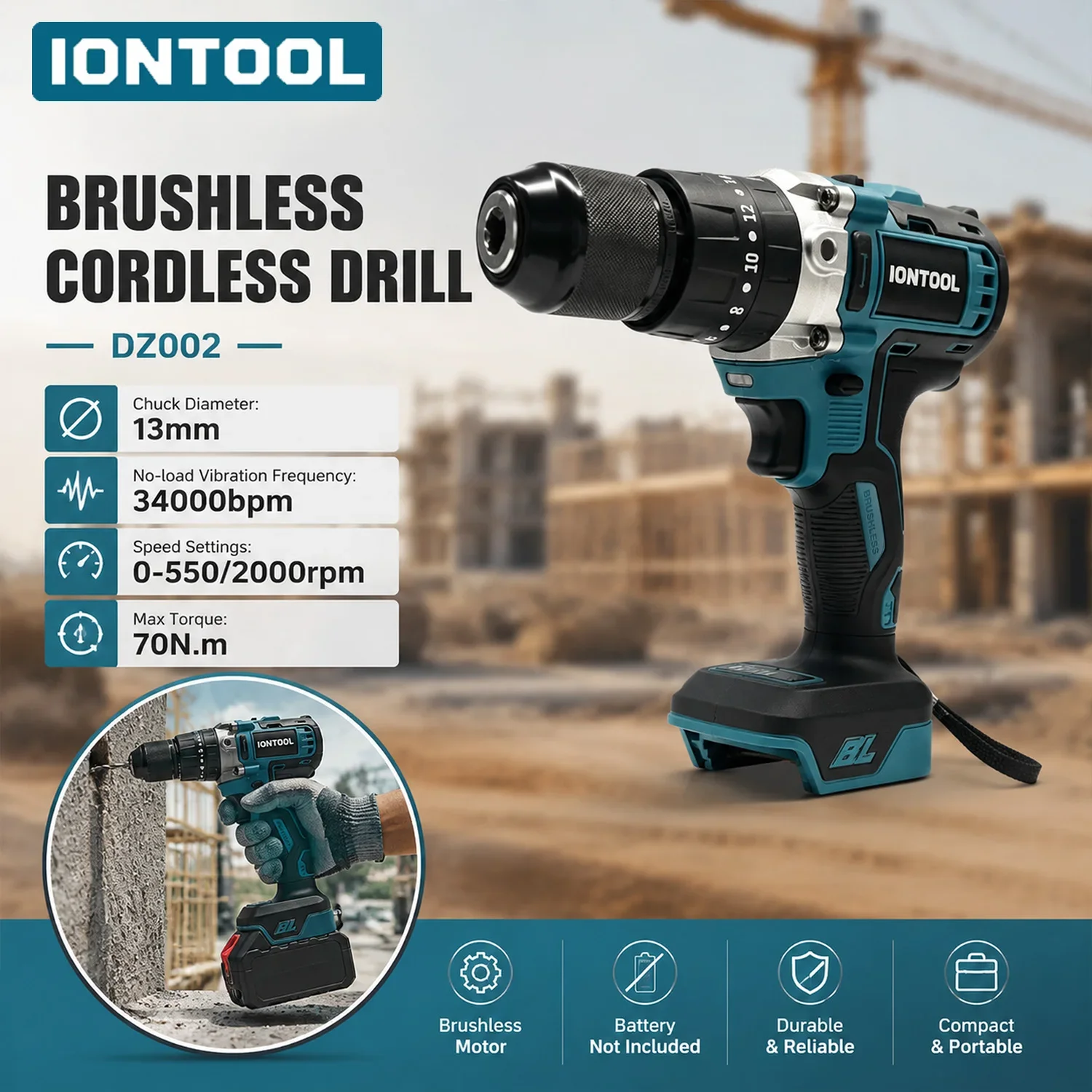 IONTOOL Electric Tool Brushless Cordless Lightweight Hammer Drill 13mm 2-Speed 70N.m for Wood/Home DIY Use Bare Unit
