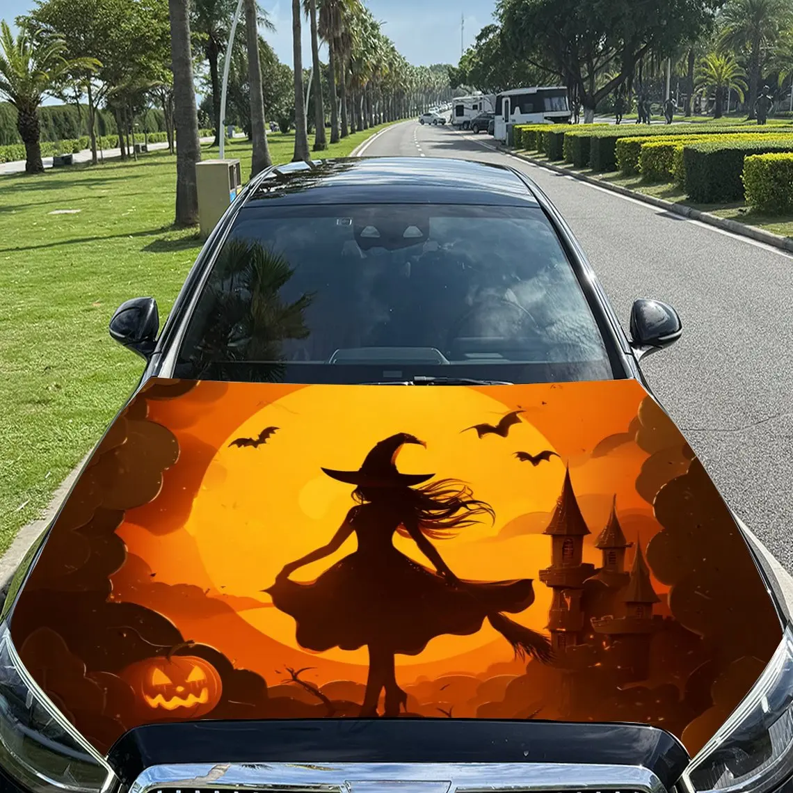 

Halloween Night Witch and Castle Car Vinyl Wrap, PVC Material Waterproof Car Hood Sticker, Self-Adhesive Scratch-Resistant Stick