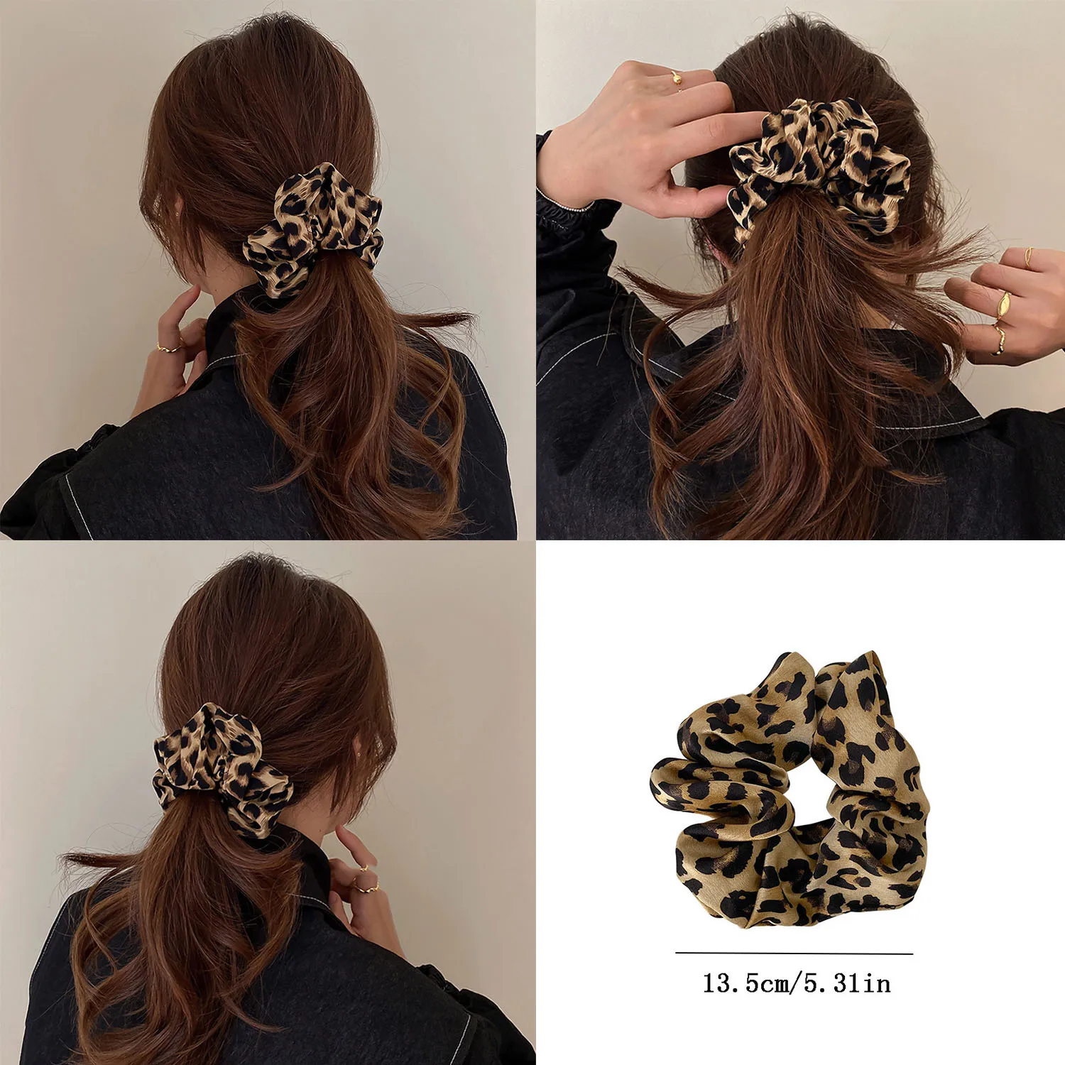 Scrunchies de cabelo de pano vintage com estampa leopardo para mulheres, cordas elásticas grandes, laços básicos, moda, 1pc