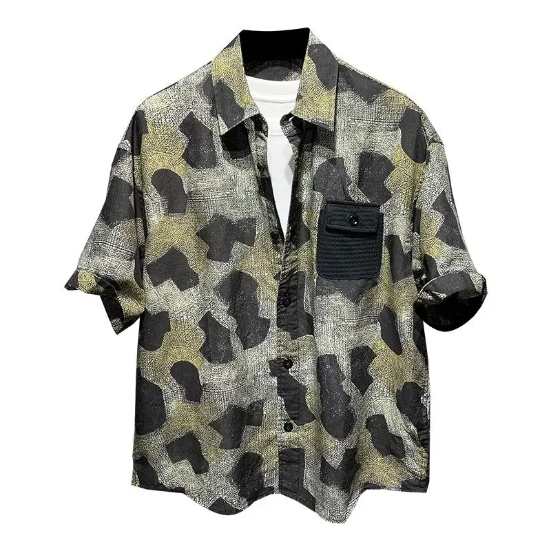 LIBIELIY Fashion Lapel Spliced Pockets Printed Casual Shirts Men Clothing 2025 Summer New Loose Short Sleeve All-match Tops Kore