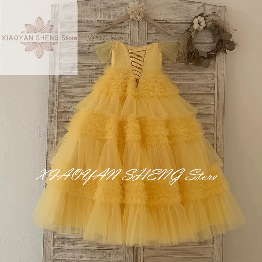 Yellow Elegant Flower Girl Dresses For Wedding Sleeveless Puffy Suspenders Tulle Layered Princess First Communion Ball Gowns