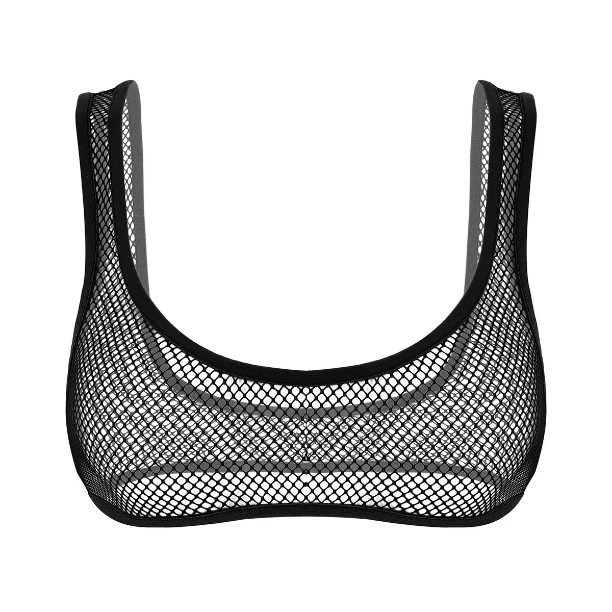 Womens Lingerie See Through Fishnet Bra Tops Hollow Out Wide Shoulder Straps Deep U-neckline Vest Tank Crop Top Hot Sexy Bra Top