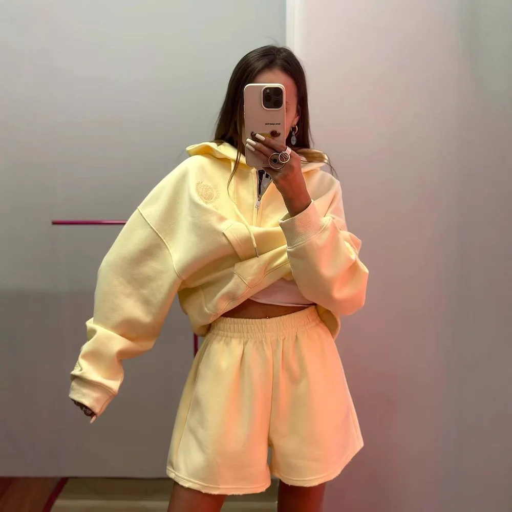 Women's Tracksuit with Shorts Zipper Cotton Oversize Top and Shorts Two Piece Set Casual Sport Wear Yellow Suit for Female