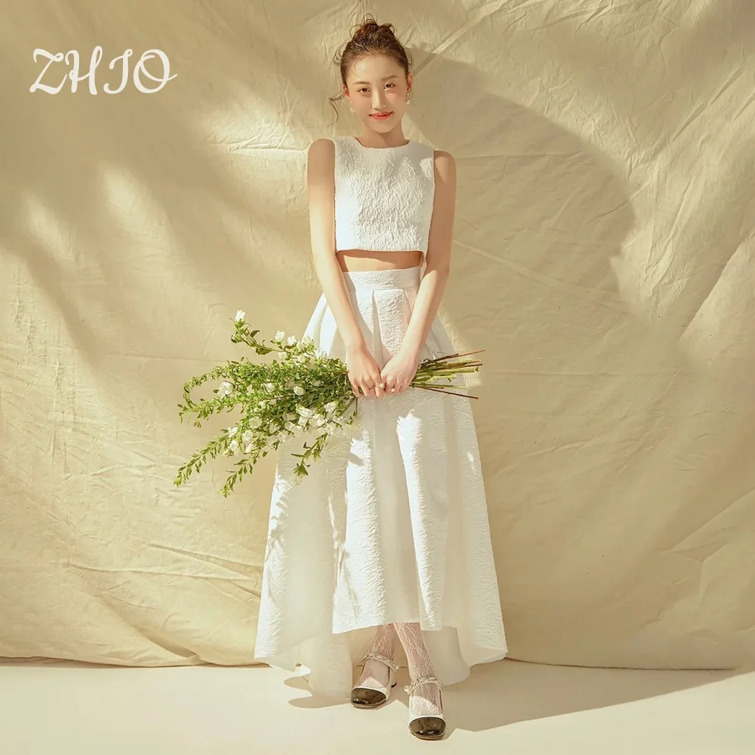 ZHIO Maßgeschneidertes modernes 2-teiliges Hochzeitskleid mit O-Ausschnitt, ärmellos, knöchellang, A-Linie, Korea, Fotoshooting, Brautkleid, Vestido De Novia