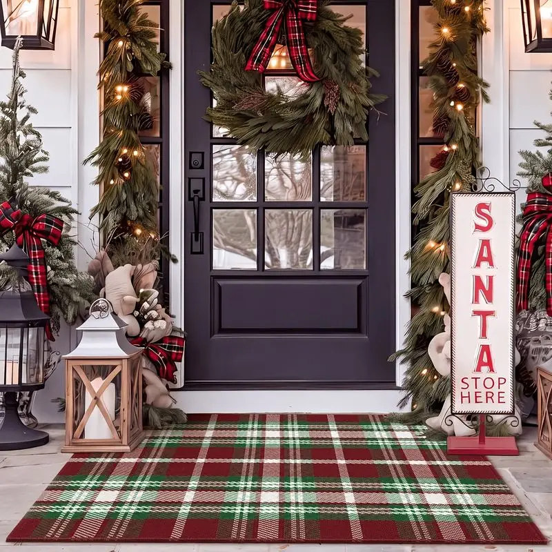 VIKAMA Christmas Door Mat Plaid Print SANTA STOP HERE Entryway Mat Non Slip Holiday Winter Cozy Indoor Aesthetic Home Decor