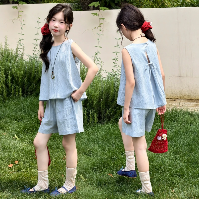 Girls Summer Cotton Outfit Sleeveless Tank Top Wide Leg Shorts Set, Breathable Lightweight Kids 2 Piece Matching Suit 6-14Y Casu
