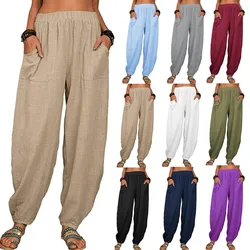 Femme Sarouel Été Décontracté Vintage Coton Lin Pantalon artificiel astique Taille Large Jambe Mode adt Poches Femme fjS-5XL