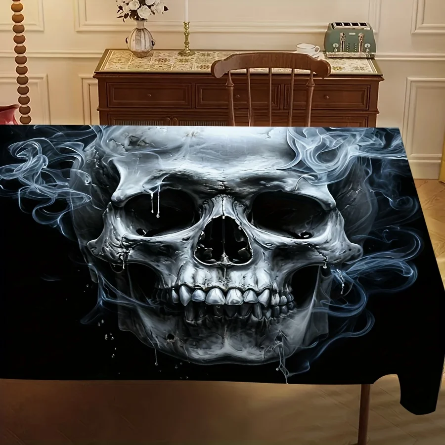 JIT-1pc Skull Head Smoking Ghost Pattern Restaurant Kitchen Tablecloth, Cool Halloween Festival Table Decoration.PMJ