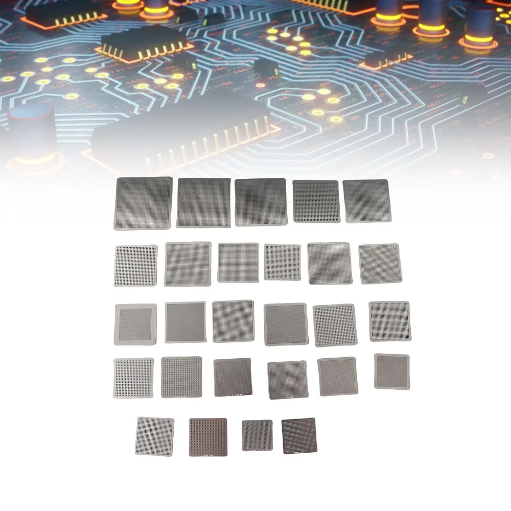 27 Pcs Directly Heat BGA Reballing Stencils Steel Mesh Stainless Steel BGA Stencil Kit BGA Rework Stencil Set