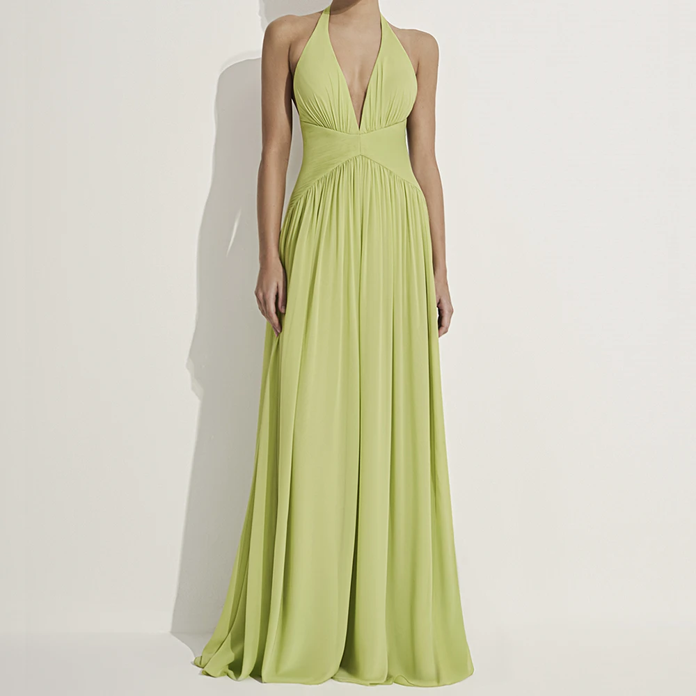 

Customized A-line Evening Dresses Floor-length V-neck Sleeveless Prom Gown Simple Fashion Draped Backless Casual Party Gown