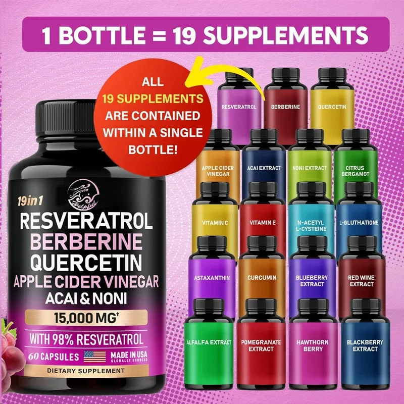 Resveratrol 60 Capsules Supplement 15000mg 19-in-1 Organic Polyphenol Complex Astartate Quercetin Apple Vinegar Antioxidant