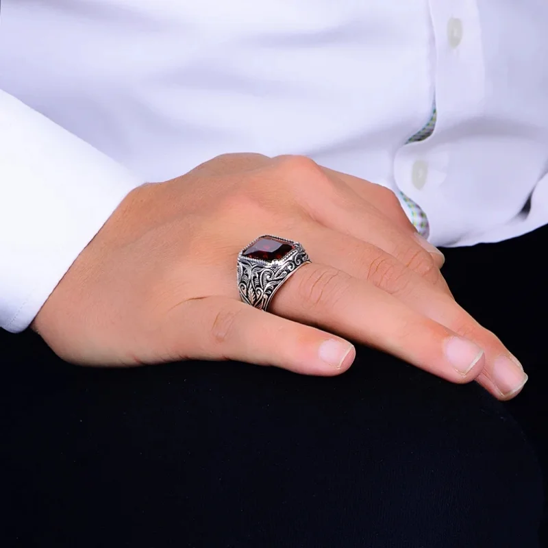 Vintage Handmade Turkish Signet Ring For Men Women Ancient Silver Color Carved Ring Red Yellow Zircon Inlay Punk Motor Biker