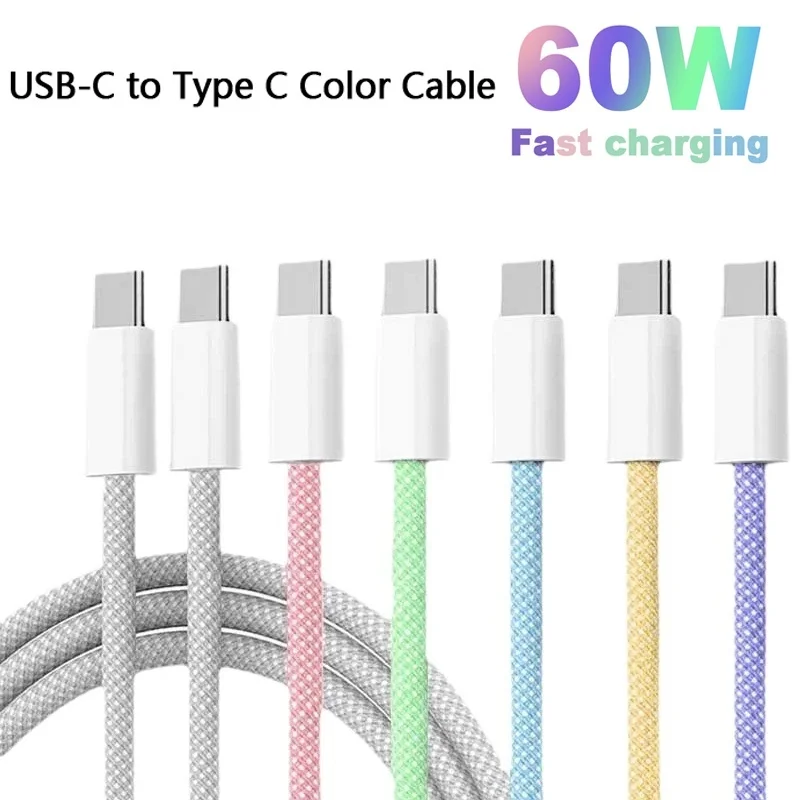 1M 1.5M 3M Type C to Type C Color Cable For PD 60W Fast Charging Cable For iPhone 16 17 Samsung Xiaomi Type-C Weaving Cable